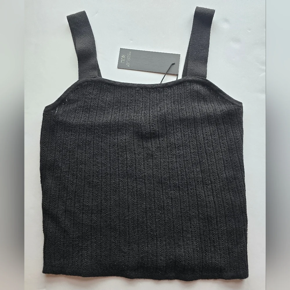 Rachel Zoe Black Ribbed Crop Sleeveless Tank Top NWT Wide Straps Size Med - Picture 2 of 5